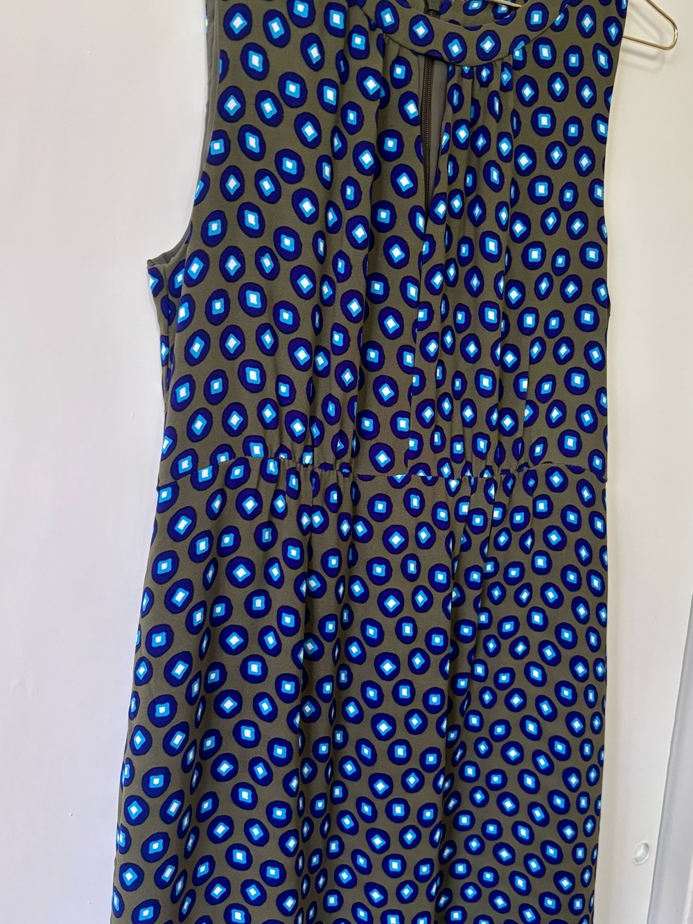 J. Crew| Tuscan Keyhole Olive & Blue Sheath “Above Knee” Sleeveless Dress Sz 8 - Picture 4 of 6